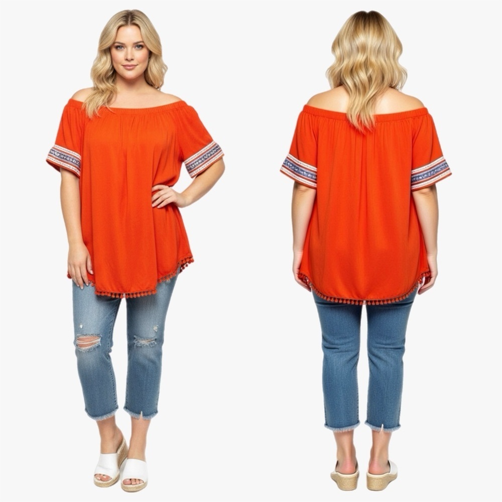 New Directions Aztec Embroidered Pom Pom Top